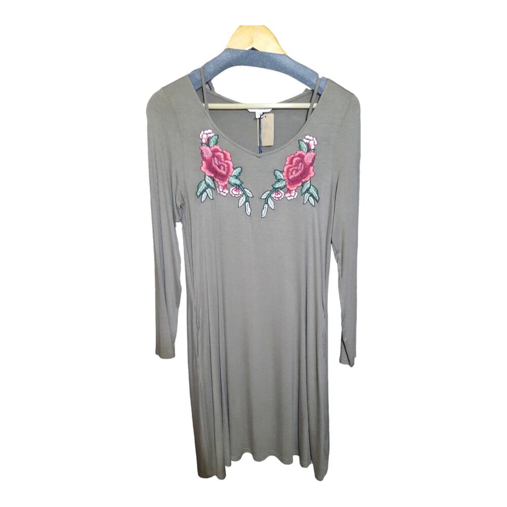 Davi & Dani Womens Rose Embroidered Long Sleeve Mocha Colored Dress Size S NWT